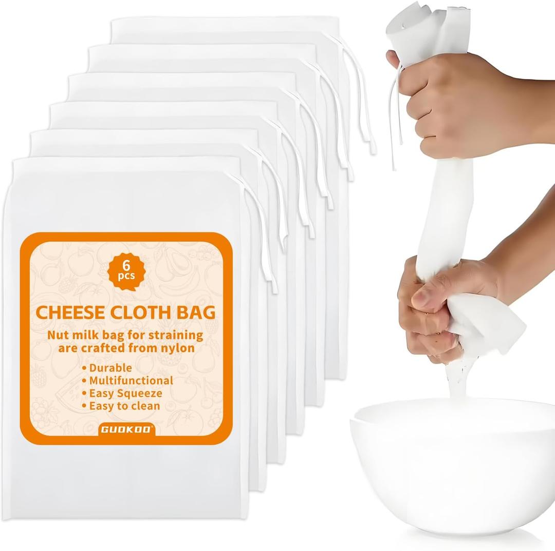 6PCS Cheese Cloth Bag for Straining, 200-Mesh 12 x 8 Inches Nylon Nut Milk Bag, Reusable Food Grade Juicing Bags for Straining Fruit Juice, Yogurt, Nut Milk, Coffee & Cheese - Kitchen Goodies, Medium