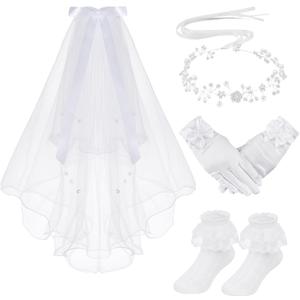 3 Pcs First Communion Veil Set Gloves Headpiece for Girls 1st Holy Communion Accessories for Wedding Party Costume (White)