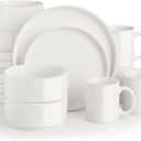 Sweejar Porcelain Dinnerware Sets for 4, 16 Pieces Ceramic Plates and Bowls Set, Classic Modern Simple Kitchen Dinner Dining Ware Set, Dishwasher and Microwave Safe Dishes Sets with Cups(Pure White), Service for 4