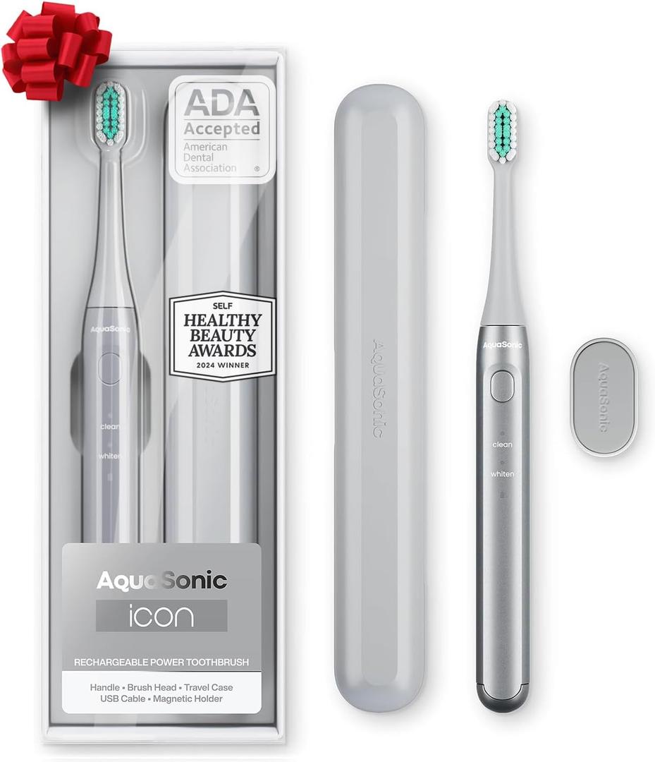 Aquasonic Icon ADA-Accepted Rechargeable Toothbrush | Magnetic Holder & Slim Travel Case | 2 Brushing Modes & Smart Timers | Gentle Micro-Vibrations (Stone) (1 Count (Pack of 1))
