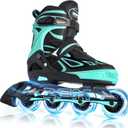 2PM SPORTS Vinal Girls Adjustable Flashing Inline Skates, All Wheels Light Up, Fun Illuminating Skates for Kids Men Adult Women and Boys (Large - Youth (4-7 US), Mint)