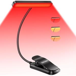 Glocusent 630nm Red Light Reading Light, 26 LEDs Zero Blue Light, 1600K Amber Book Light with 3 Modes & 5 Brightness Dimmable, 120H Runtime, Eye-Care Clip on Light for Book Lovers and Kids
