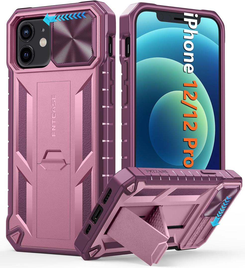 FNTCASE for iPhone 12 Phone Case: iPhone 12 Pro Military Grade Shockproof Protection Mobile Case with Kickstand & Matte Textured Rugged TPU Shell | Drop Proof Protective Cover Rose Pink