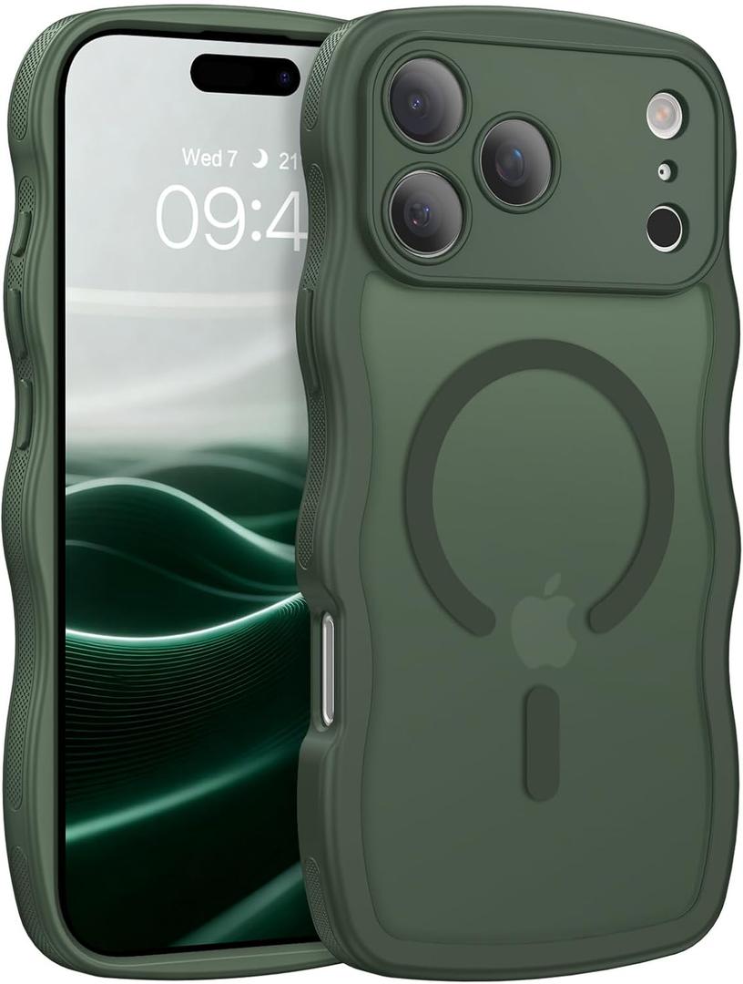 BENTOBEN Magnetic for iPhone 17 Pro Max Case, Cute Wavy [Full Camera Protection][Compatible with MagSafe] Matte Anti-Slip Bumper Women Girls Boys Protective Cover for 17 ProMax 6.9", Deep Green