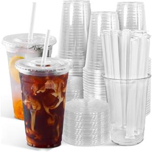 Ginkgo 100-Pack 20oz Clear Plastic Iced Coffee Cups with Lids and Straws, Disposable To Go Cups for Smoothies, Milkshake, Cold Beverages, Coffee Bar Accessories