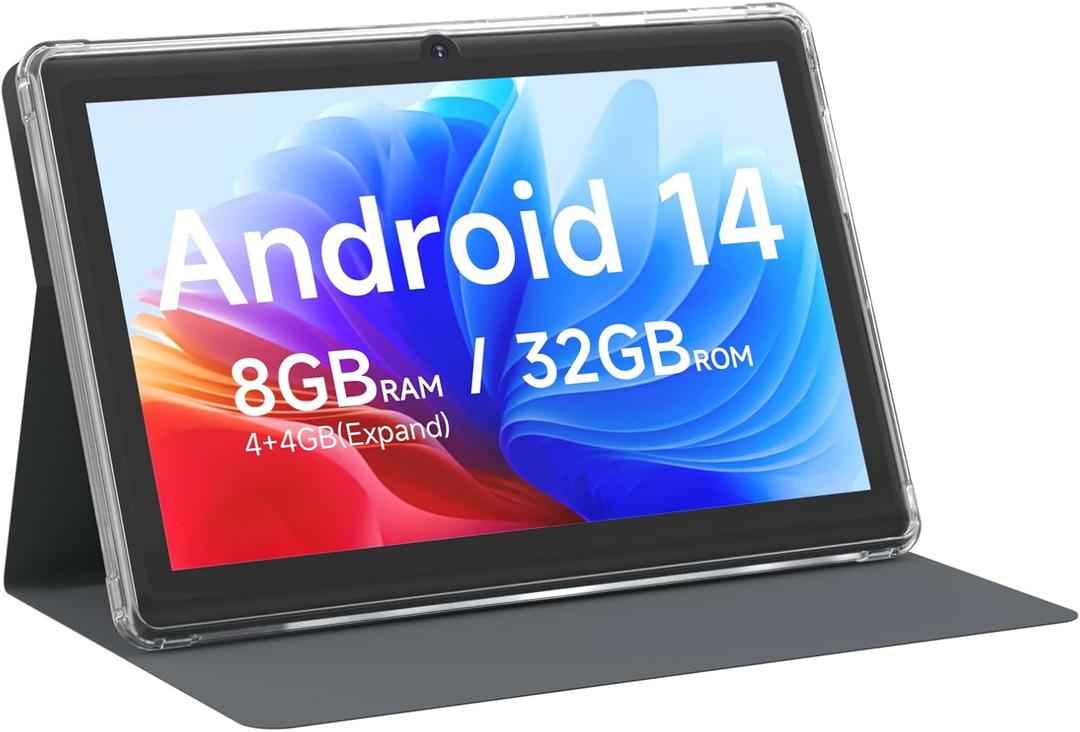 Android 14 Tablet 7 inch Tablets with Case, 8GB RAM 32GB ROM 1TB Expand, Quad-Core Processor Tablet PC, 1024 x 600 IPS Screen, Dual Camera, 3000mAh Battery, Bluetooth, WiFi, GMS, Widevine L1, Black