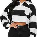 Hilinker Womens Striped Cropped Sweatshirt Polo Collar Long Sleeve Top Loose Pullover with Pocket Black White Stripe B Large