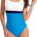 Womens One Piece Swimsuit Scoop Open Back Athletic Training Swimwear Color Block Sport Bathing Suit (White)