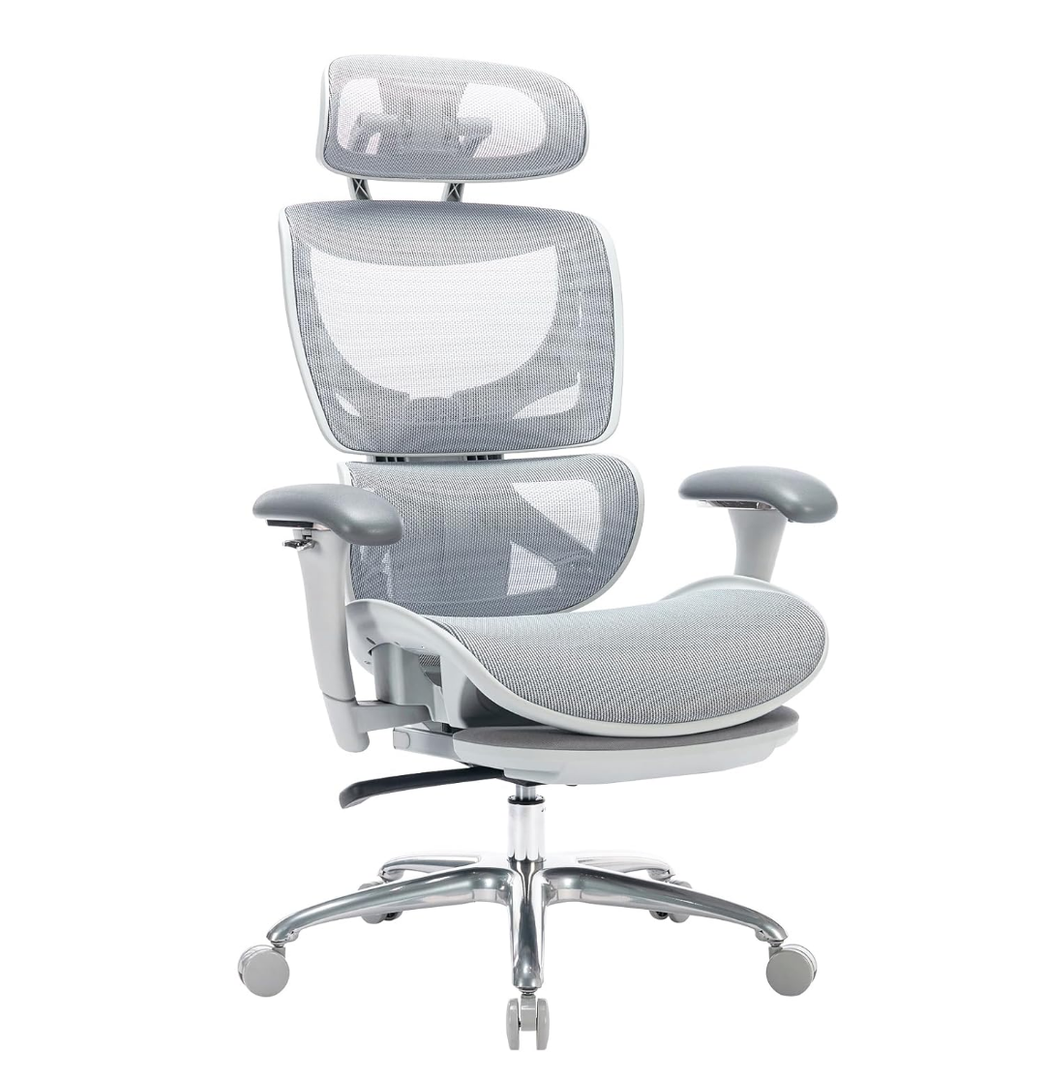 Ergonomic Mesh Office Chair with Footrest, Executive High Back Computer Desk Chair with Wide Headrest and Adjustable 3D Arms, Backrest, Tilt Lock and Lumbar Support-Grey