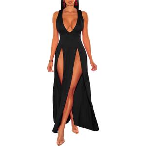xxxiticat Women's Double Slit Maxi Tank Dress Sleeveless Deep V-Neck Low Cut High Split Cover Up Long Bodycon Wrap Dress, Size XL