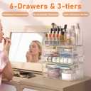 Delamu 3pc 6-Drawer Makeup Organizer Countertop Cosmetic Organizer for Vanity | Bathroom | Skincare | Perfume | Lipstick Storage, Casual Pairing No Assembly, Crystal Clear with Luxe Gold Trim