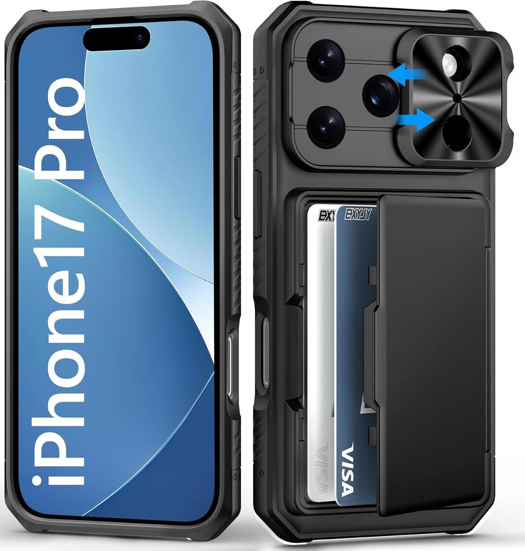 for iPhone 17 Pro Case Wallet, Card Holder (4-5 Cards), Slide Camera Cover, Military Drop Protection, Rugged Heavy Duty Men Women Protective Phone Case for iPhone 17 Pro 6.3" 2025, Black