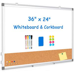 Whiteboard Cork Board Combo for Wall, WALGLASS 36" x 24" Double-Sided Large Dry Erase Whiteboard Corkboard Combination, Hanging Wall Mount Bulletin Board with Aluminum Frame for Office, Home, School