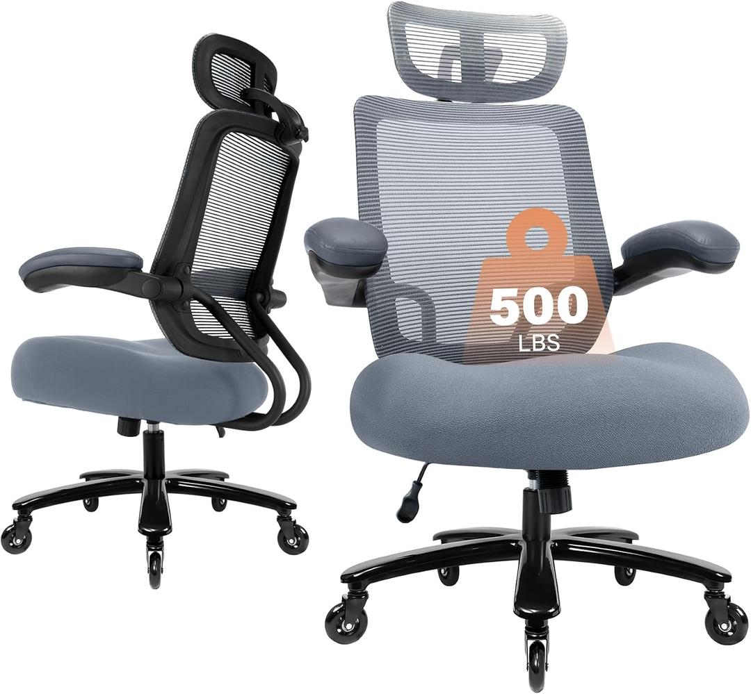Big and Tall Office Chair with 500 LBSCapacity and Memory Foam Seat, Grey
Heavy duty executive chair, plus-size computer desk chair, saddle-shaped seat, flip-up arms, 3D headrest, for home and office