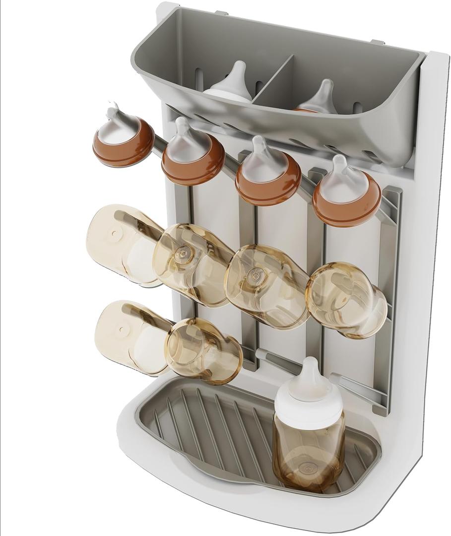 IEEK Baby Bottle Drying Rack,Space Saving Countertop Drying Rack for Baby Accessory & Pump Parts,Suction Cup Wall Mounted Bottle Rack Holder Large Vertical Drying Tower,Grey and White