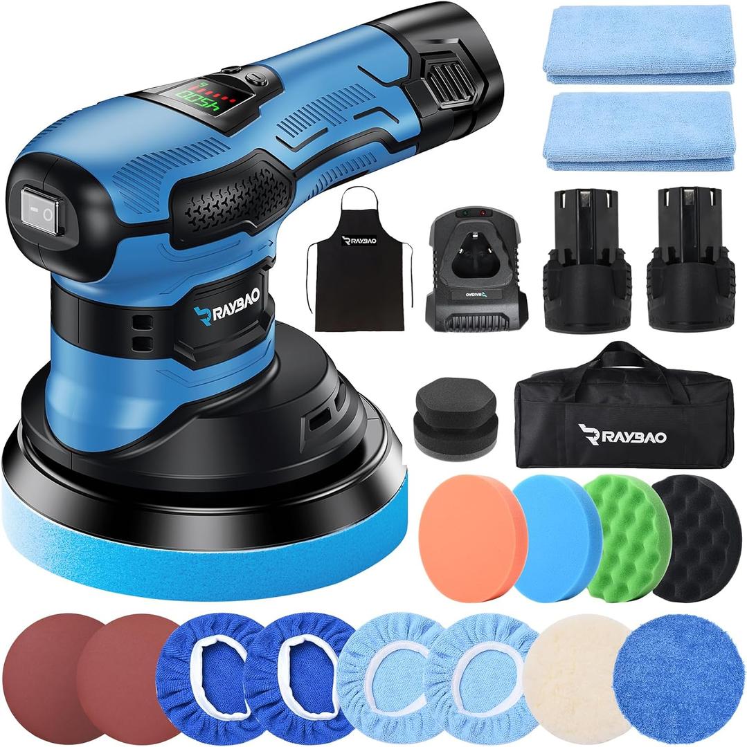 Cordless Polisher 2x2000mAh 21V Batteries,21pcs Attachments & 6 inch Car Buffer Polisher for Car Detailing 6 Variable Speed to 4500OPM Car Buffers and Polishers Kit for Polishing/Waxing