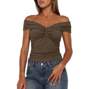 Darong Women Summer Twist Knot Front Off The Shoulder Tank Tops Cap Sleeve Going Out Shirts Slim Fitted Y2K Outfits (Small, Khaki) Darong Women Summer Twist Knot Front Off The Shoulder Tank Tops Cap Sleeve Going Out Shirts Slim Fitted Y2K Outfits (Small, Khaki)