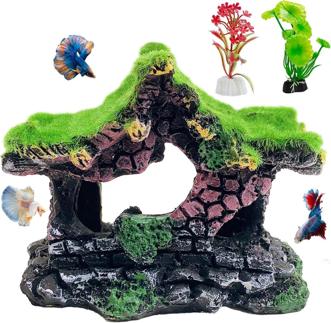Hamiledyi Resin Hollow Hideout House for Aquarium Decoration Fish Tank Accessories Betta Cave with Lifelike Moss for Shrimp Fish Shelter
