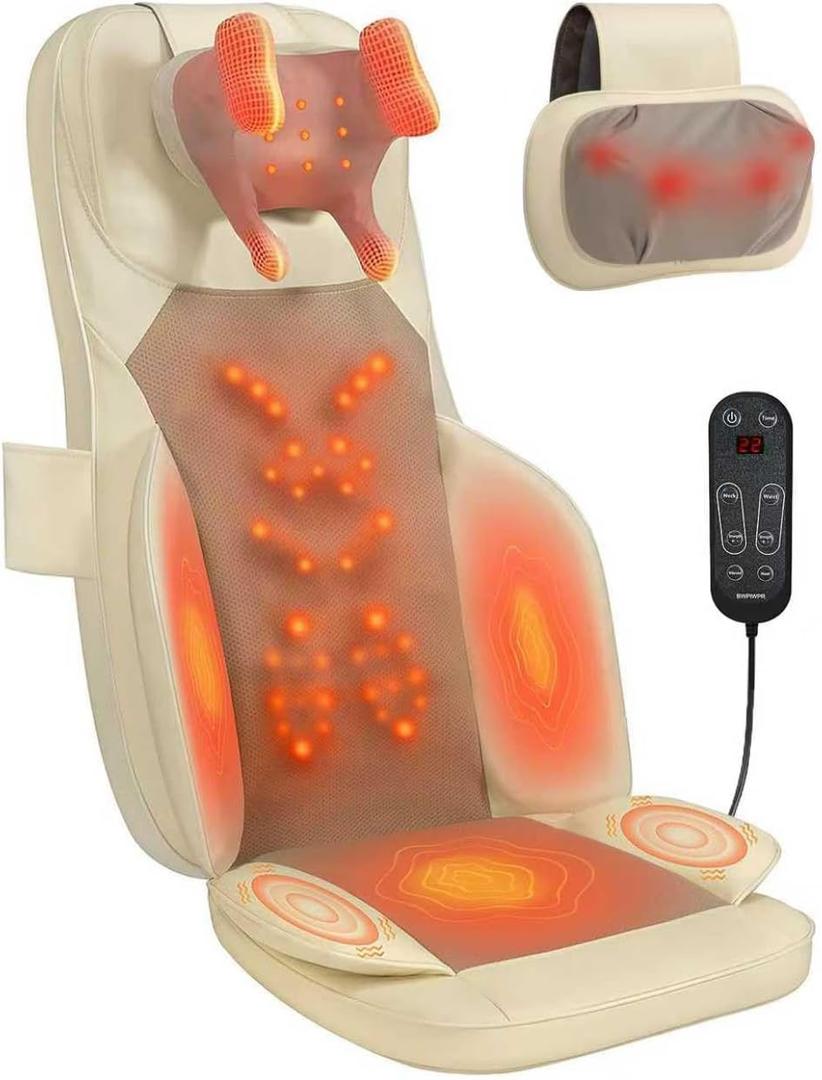 Massage Chair Pad with Dual Neck Modules and Heat, Cream | Shiatsu neck and back massager with heat, fixed-area back kneading, seat vibration for home and office chairs