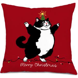 2 x Black and White Fat Cat Christmas Pillow Covers 18x18, Tuxedo Cat Gifts, Cats Lover Gifts, Red Merry Christmas Decorative Throw Pillow Covers for Bedroom Living Room Home (Color 21)