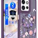 for Motorola Moto G 5G 2025 Floral Phone Case with 2X Screen Protector, Military Grade Magnetic Translucent Matte Girls Women Flower Pattern Protective Cover for Moto G 5G 2025 (Deep Purple)