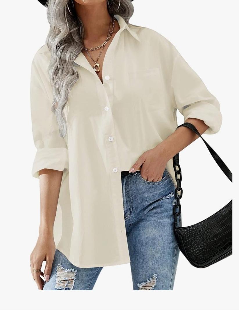 HOTOUCH Women Oversized Button Down Shirts Office Drop Shoulder Blouse Long Sleeve Boyfriend Dress Shirt with Pockets, L