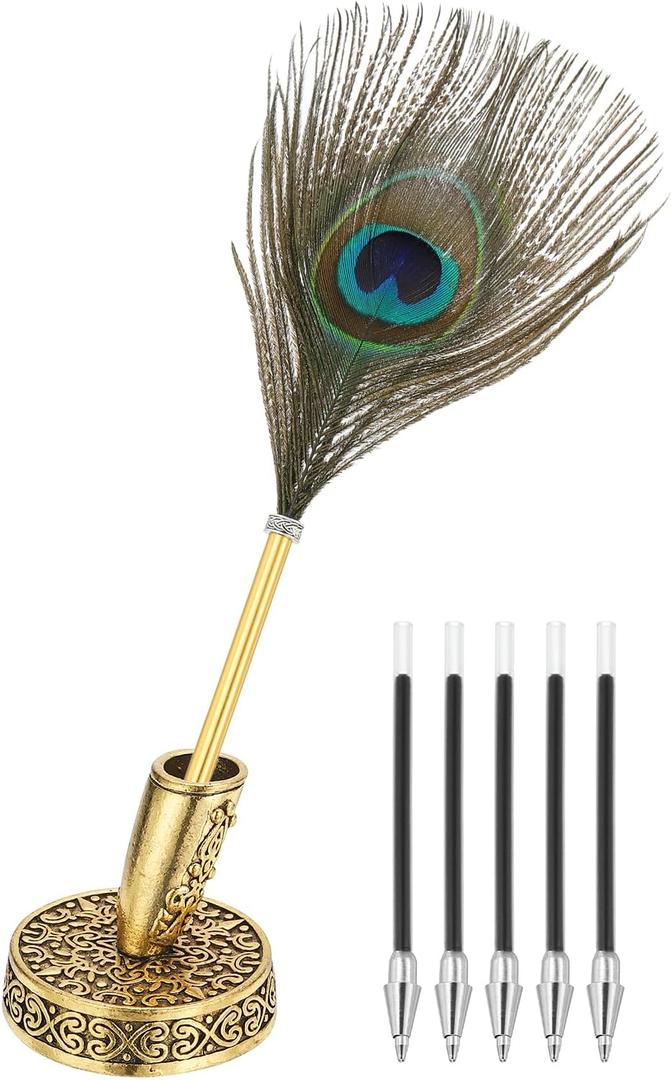 PATIKIL Peacock Feather Ballpoint Pens Bulk, Metal Holder Black Ink Vintage Quill Writing Pens with 5 Pieces Refill for Office, Wedding Signature, Gold