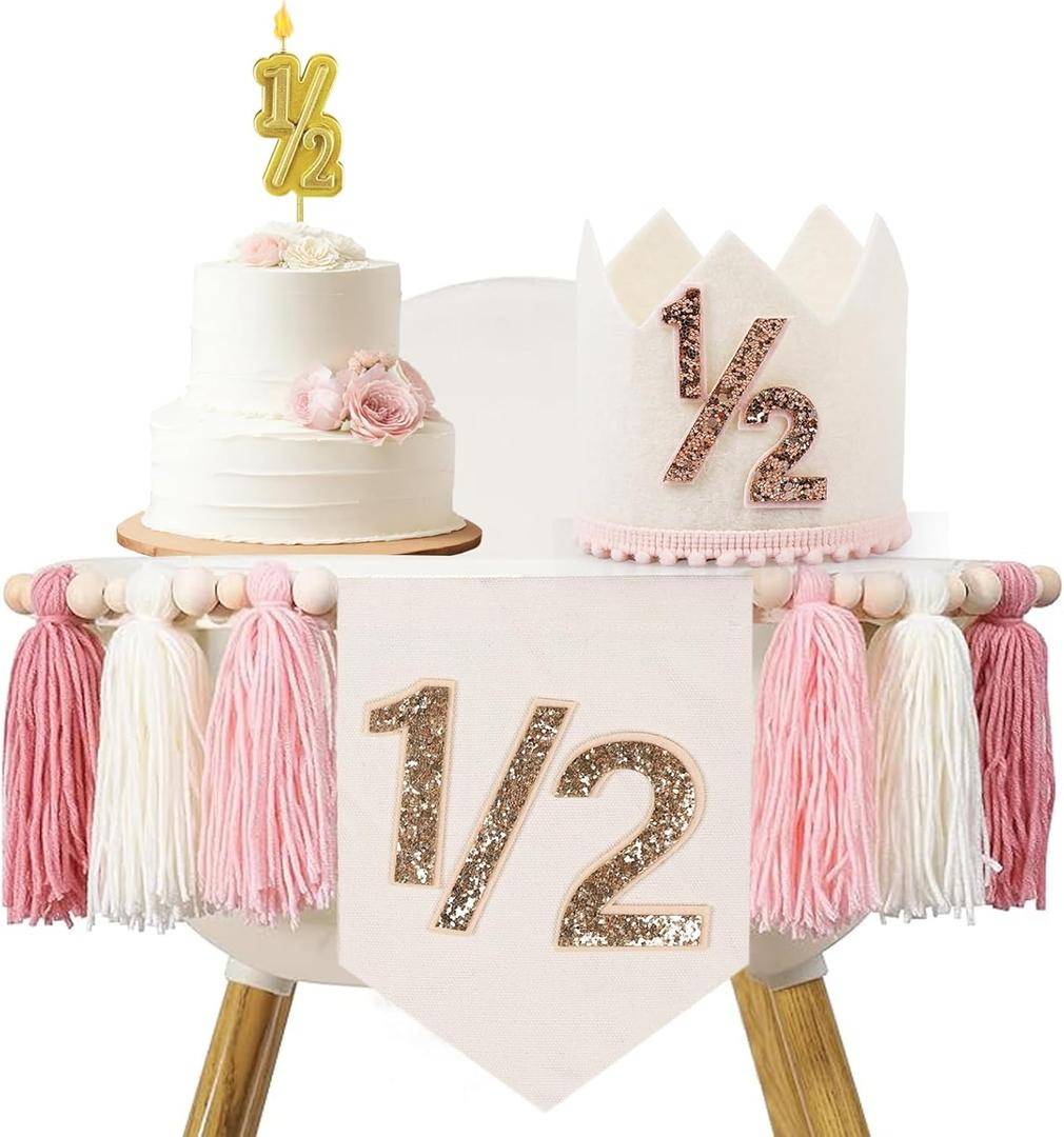 1/2 Birthday girl, Pink High Chair Banner with Handmade Hat and Candle, Half Way to One Baby, Half Birthday Docoration
