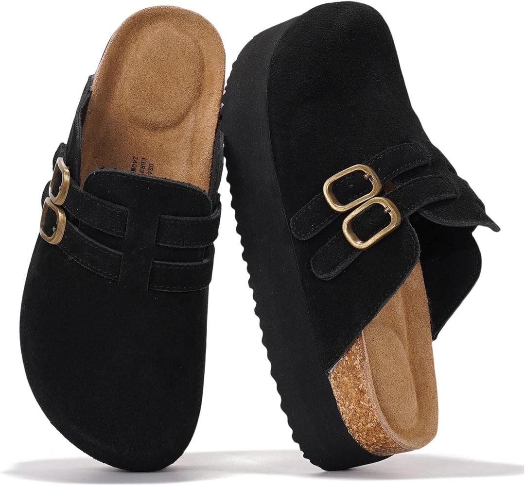 Project Cloud 100% Genuine Leather Womens Clogs - Mules for Women with Ultra Soft Memory Foam Insoles, 1.5 Inch Wedge Platform Clogs, Lightweight Non-Slip Outsole, Arch Support (Stephi, Black, 8.5)
