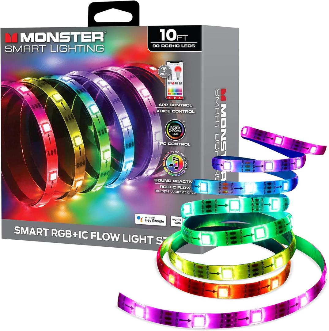 Monster Smart RGB+IC LED Strip Lights 10ft  Sound Reactive Strip Lights for Bedroom, App & Voice Control, RGB Light Strip for Room, Alexa Google Home, Razer Chroma Sync - 90 RGB+IC LED Lights