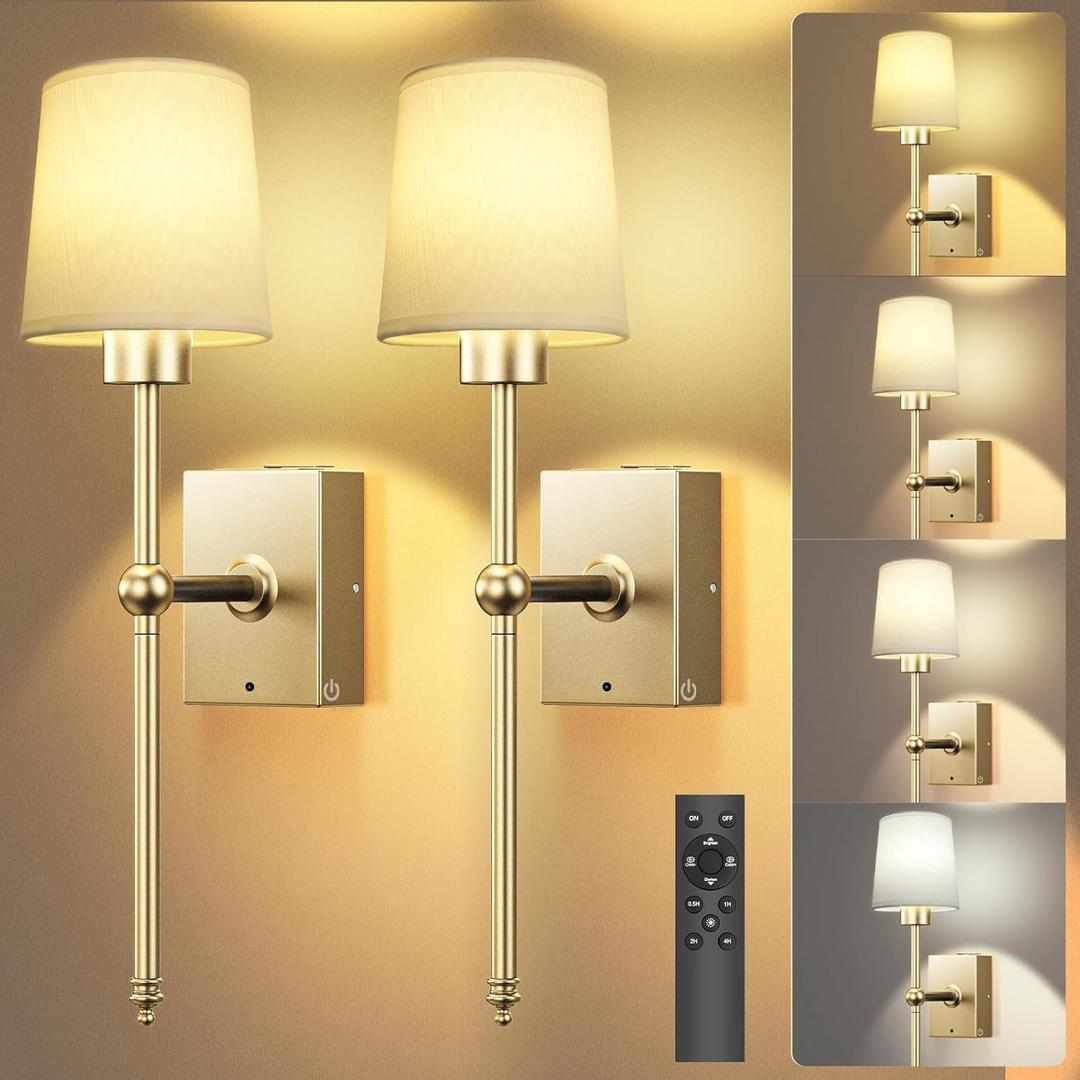 TOOWELL Battery Operated Wall Sconce Set of 2, Gold Rechargeable Wall Lights Fixtures 8000mAh Dimmable LED with Remote Wireless Wall Lamps Timer for Bedroom Hallway Bathroom Living Room Decor