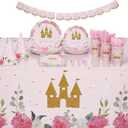 BLUE PANDA Princess Decorations for Birthday Party Kit - 194-Piece Pink Floral & Gold Castle Theme - Plates & Napkins, Cups & Cutlery, Banner, Tablecloth & Hats - Princess & Tea Party Decorations