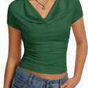 Women's Cowl Neck Tops Short Sleeve Slim Fit Ruched T-Shirts Summer Casual Dressy Business Blouses Going Out Top Green (Green, M)