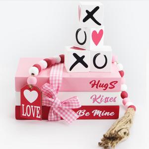 Vanleonet Valentine's Day Decor, Valentine's Day Tiered Tray Decor Book Stacks Wood Signs, Hug XOXO Kiss Decorative Books Bundle, Coffee Table, Fireplace Mantel, Shelf - Farmhouse Valentine Decor Indoor (Pink)
