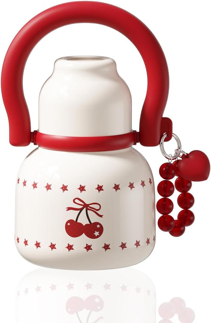 22 oz Water Bottle with Straw and Bowl, Wide Mouth Insulated Stainless Steel; Leak-Proof 316L Healthy Flask for Women & Kids, Yoga & Travel; with Heart Bracelet Charm, Cherry White
