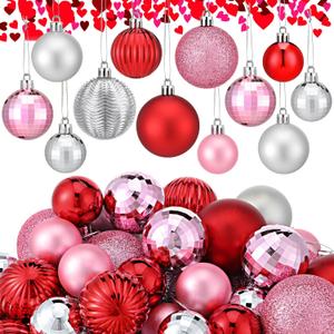 64 Pcs Christmas Ball Ornaments Pink Red and Silver Christmas Ornaments Glitter Valentine's Day Ball Ornament Assorted Size Xmas Ornament Valentines Decoration for Tree Home, 1.6/1.97/2.4 Inch