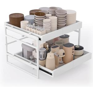 2 Tier 21'' Deep Pull Out Cabinet Organizer Expandable Width (14'' to 23'') Pull Out Drawers for Framed Cabinets, Heavy-Duty Slide Out Organizers and Storage for Kitchen Pantry, Basement, Garage, White 