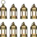 8Pcs 5-inch Mini Lanterns Centerpieces for Table, Baby Shower Decorations, Vintage Small Lantern for Halloween Decorations, Party Lights for Enchanted Forest Decorations, Wedding Decor, Brushed Brass