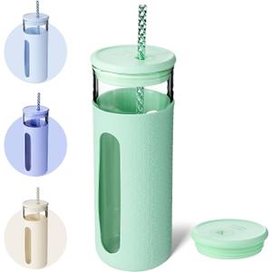 BOTTLE BOTTLE Glass Tumbler with Straw and Lid, 20 oz Glass Water Bottles, Reusable Iced Coffee tumbler, Smoothie Cup, Wide Mouth Cup with Silicone Sleeve, BPA FREE (Green)