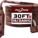 Flat Plug Extension Cord with 3 Outlets Extender, Indoor Extension Cord Power Strip, 16 Gauge 30FT Brown 3 Prong, 16/3 SPT-3 13A, UL Listed