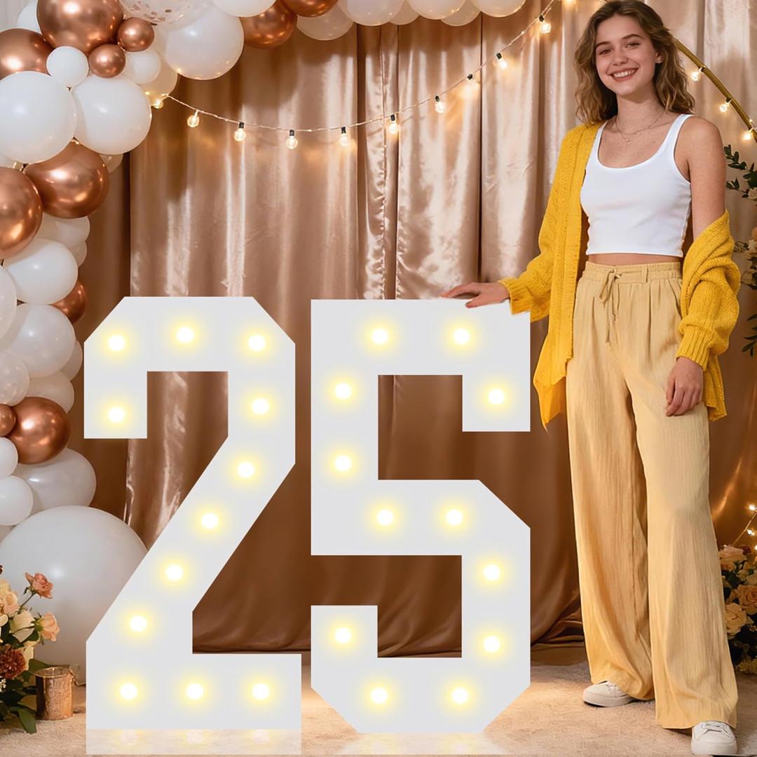 Pooqla 2.4FT Light Up Numbers for 25 Year Old Boy Girl Gifts, Marquee Numbers 2.4 Feet Tall Party Decor for Her Him, Mosaic Big Sign for 25th Birthday Decoration Backdrop, Warm White Large Number 25
