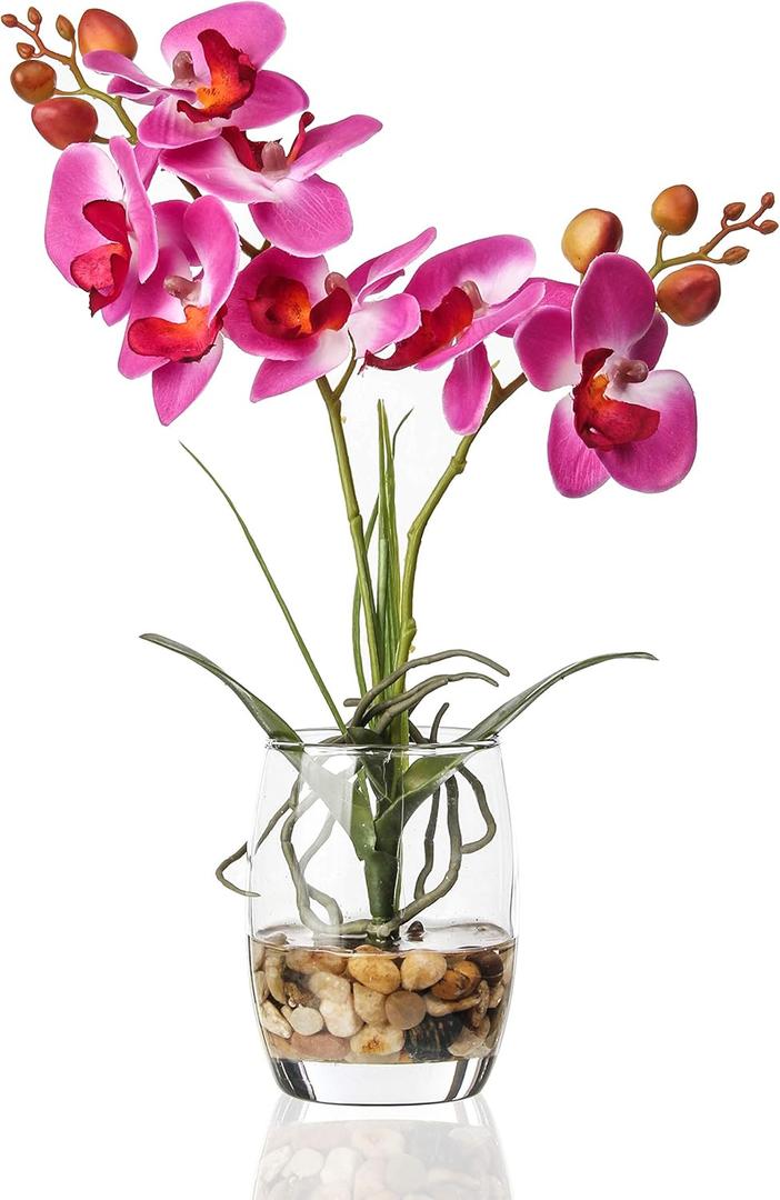 Jusdreen 1 Pcs Glass Vase Artificial Orchid Flower Bonsai Vivid Phalaenopsis Flowers Potting for Home Office Dcor, Table Centerpiece Room Decorations 14.5"(Glass Vase/Purple Orchid) (Glass-purple)