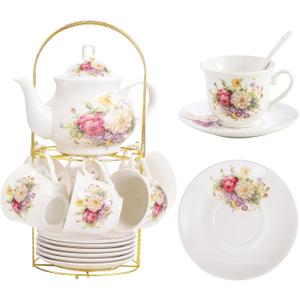 20-Pieces Porcelain Tea Sets For Women, Tea Set For Adult with Golden Metal Rack,Tea Gift Sets for Home&Party(012)