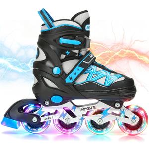 KORMAN Lightning Inline Skates for Kids Girls Boys with Light Up Wheels, Adjustable Kids Roller Skates Blades for Men Women Beginners Youths, Black, Large - Youth (5Y-8Y US)