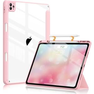 Soke Case for iPad Pro 12.9 Inch (6th/5th/4th/3rd Generation, 2022/2021/2020/2018) - Pencil Holder + Auto Sleep/Wake + Camera Protection, Transparent Shockproof Back Cover, Pink