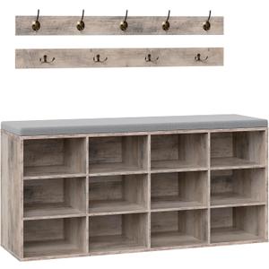 HOOBRO Shoe Storage Bench with Cushion, 39.4" L Entryway Bench with 12 Cubbies, Entryway Hall Tree with Storage, Shoe Cabinet with Coat Rack for Bedroom, Hallway, Holds up to 330 lb, Gray GY112HX01