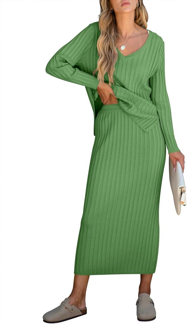 ANRABESS Women's 2 Piece Outfits Sweater Skirt Sets Casual Long Sleeve V Neck Ribbed Knit Tops Midi Dress 2025 Fall Fashion (Green, M)