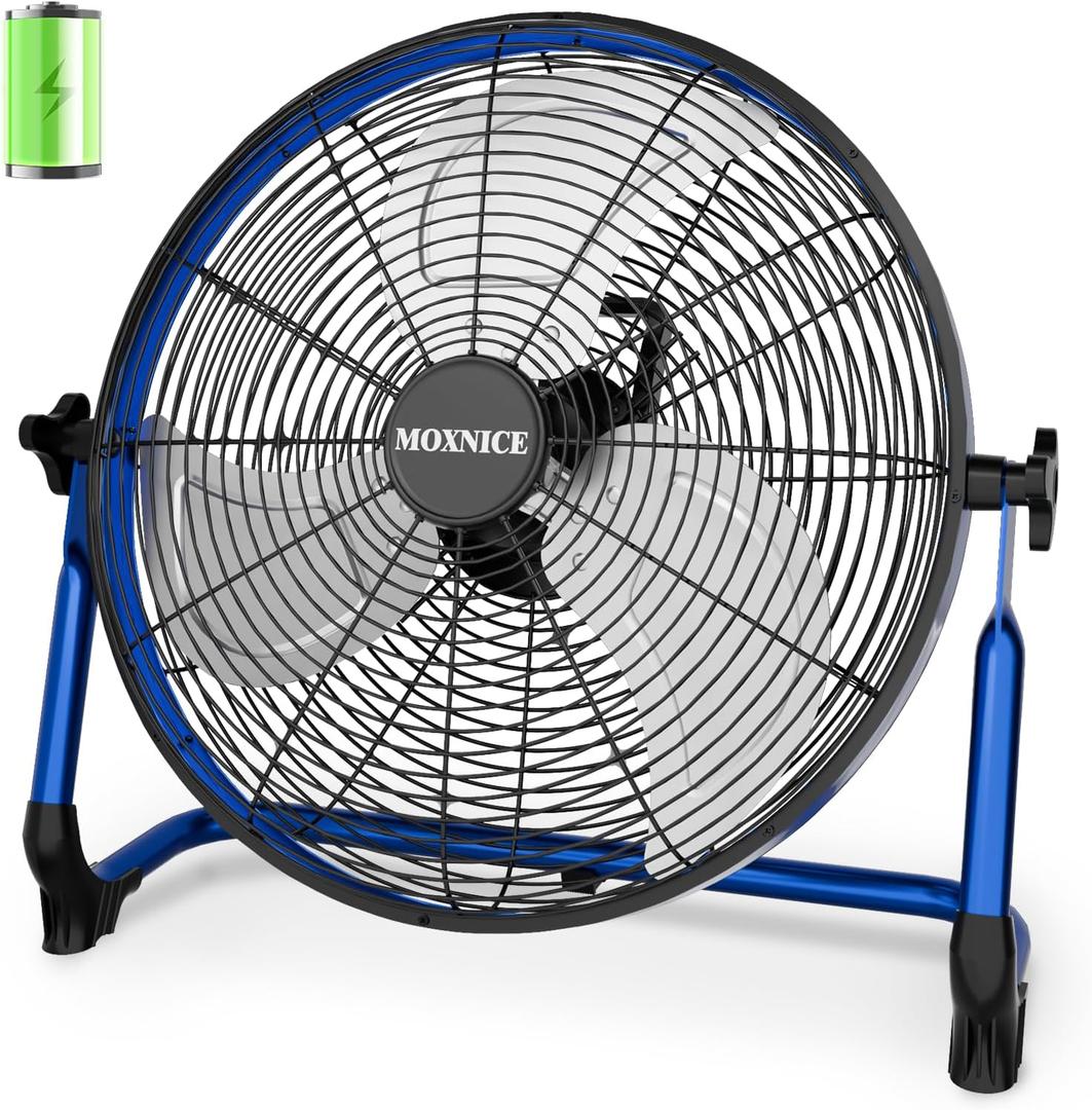 20" Portable Battery Operated Floor Fan, High Velocity Battery Fan, Rechargeable Wireless Battery Powered Fan, Waterproof, USB Output, 360°Adjustable Tilt for Home Outdoor Garage Greenhouse, Blue 20" Fan