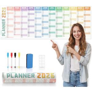 2026 Wall Planner Large 47.2"x16.5"  Double-Sided Laminated Year Calendar with Rolled Packaging, No-Crease Design, 8 Stickers  Home Office Wall Organiser, Bright Colours