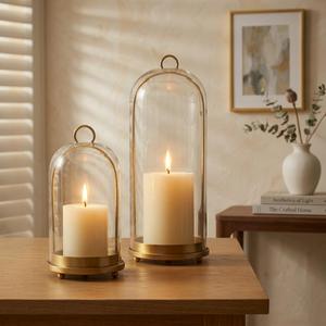 Hurricane Glass Candle Holders Set (5.1"11.2" & 4.3"7.7"), Metal Candle Holder with Hook Chains, Handmade Cloche Glass Dome & Antique Brass Candle Holder, for Pillar Candles, Floral Arrangements